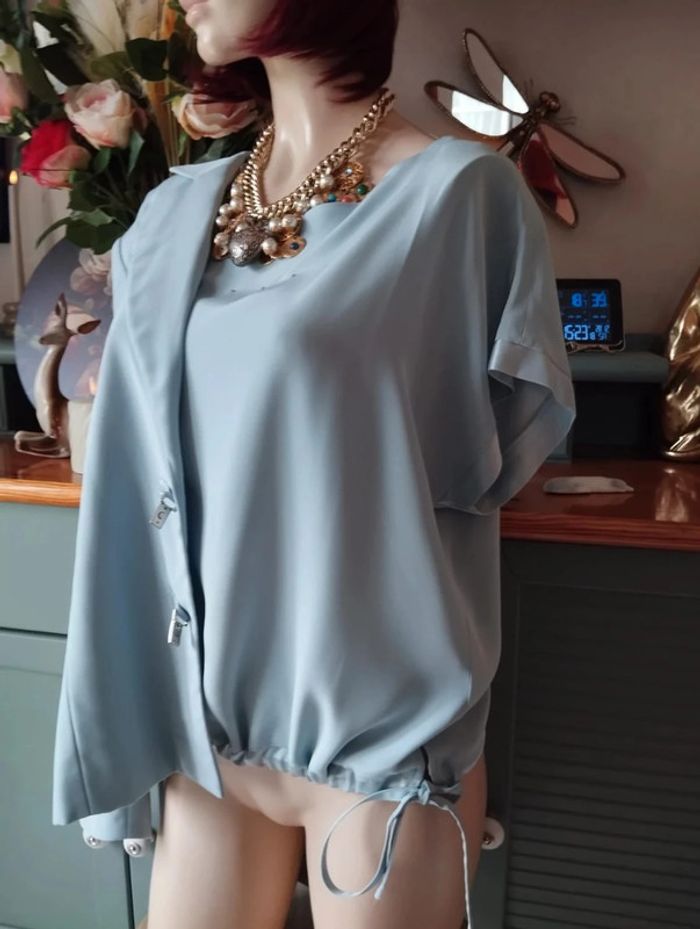 🌹 Ensemble Veste & Top Bleu Pastel Strass & Satin Gérard Pasquier T46/48 Un Petit Défaut🌹