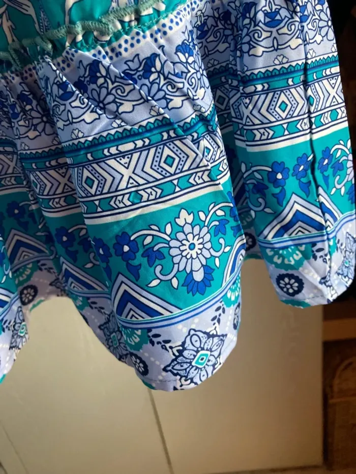 Superbe ensemble vintage jupe patineuse top crop réglable bleu turquoise fleurs - photo numéro 8