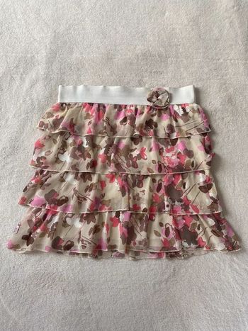 Jupe fluide d'été doublée motifs fleurs à volants crème rouge rose