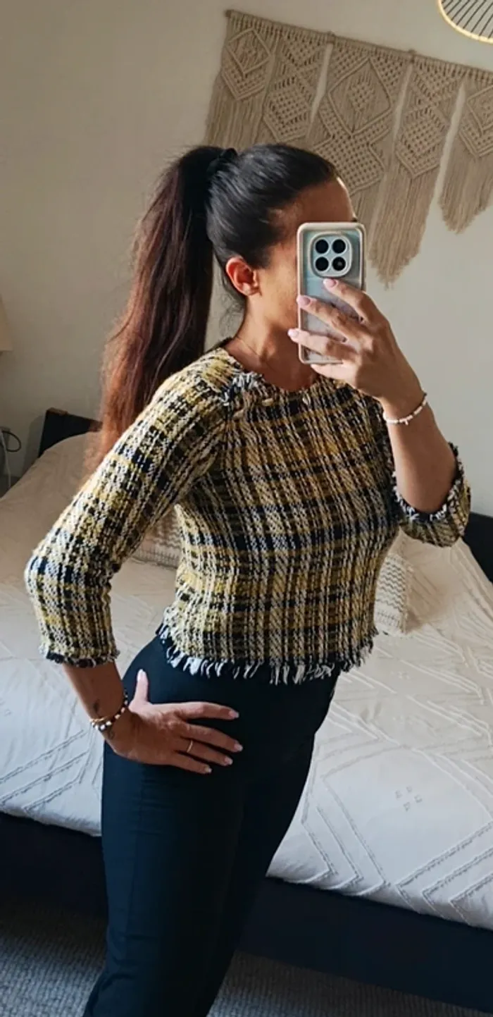 Blouse en laine tweed top Zara noir jaune blanc XS boutons doré vintage - photo numéro 3