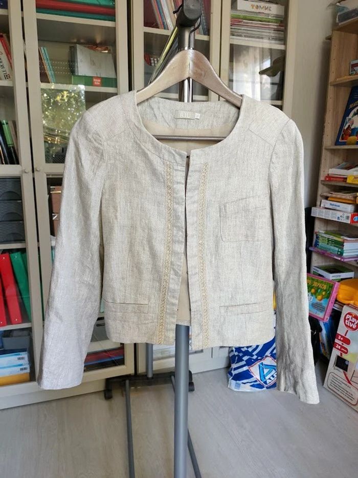 Veste Jacqueline Riu beige chiné, 100% lin, taille 36, allure naturelle chic