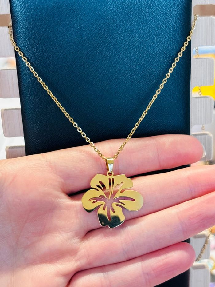 Pendentif collier fleur Hawaï doré acier inoxydable neuf bijoux cadeau femme - photo numéro 2
