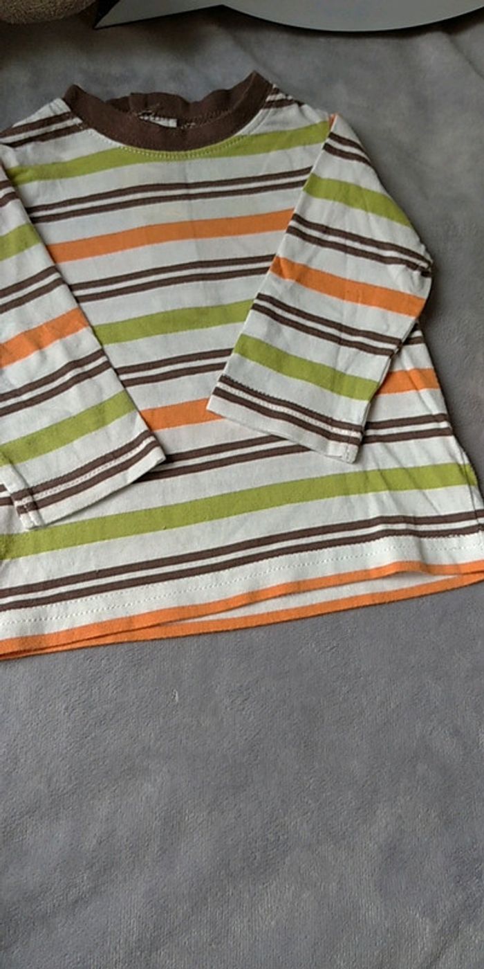 Tee shirt manches longues rayé marron vert orange Garçon 6 mois 100% coton - photo numéro 5