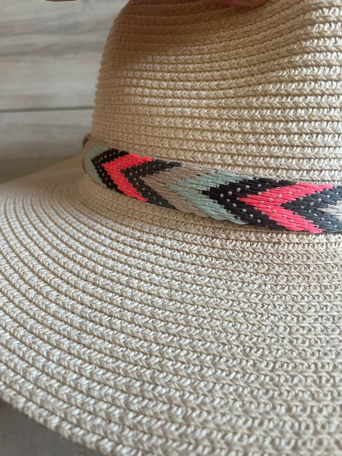Chapeau de paille beige liseré rose gris bleu - photo numéro 2