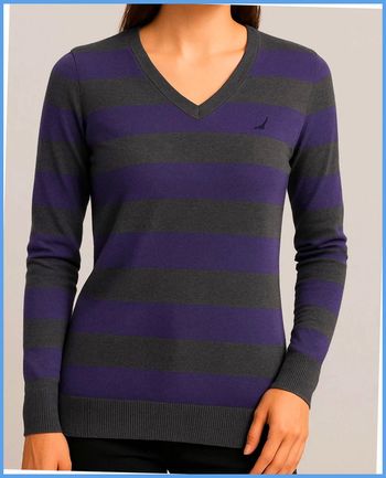 Pull femme fin col V Nautica avec logo brodé Violet et Gris Taille S