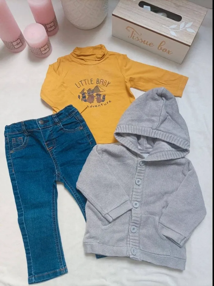 Ensemble jean, tee-shirt manches longues et gilet Tape à l'œil garçon 12 mois