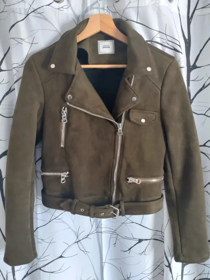 Superbe veste perfecto femme kaki effet suédine taille S