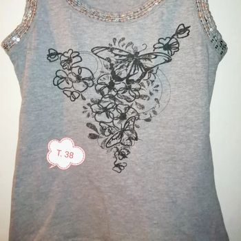 🌸Débardeur fleur gris / paillettes argentées "'Promod" Taille 38 Neuf 🌸