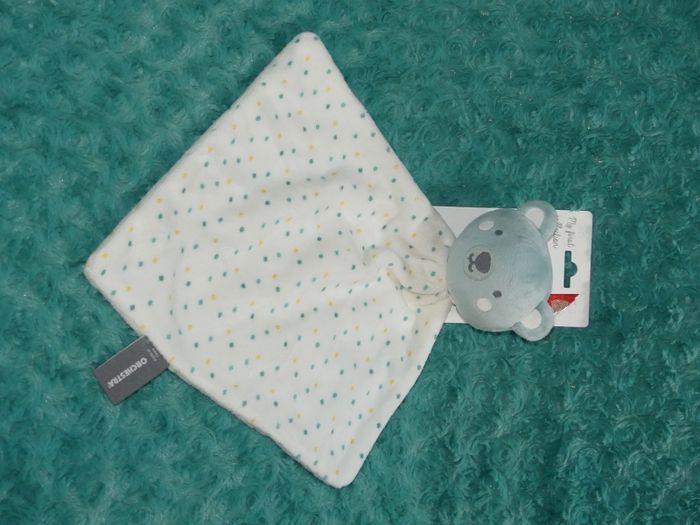 Doudou plat ours orchestra blanc bleu jaune pois 🐰Neuf