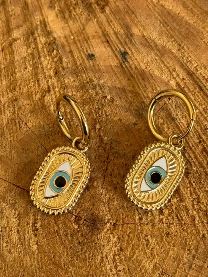 Boucles d’oreilles  mile Mila acier inoxydable or petites créoles médailles œil bleu