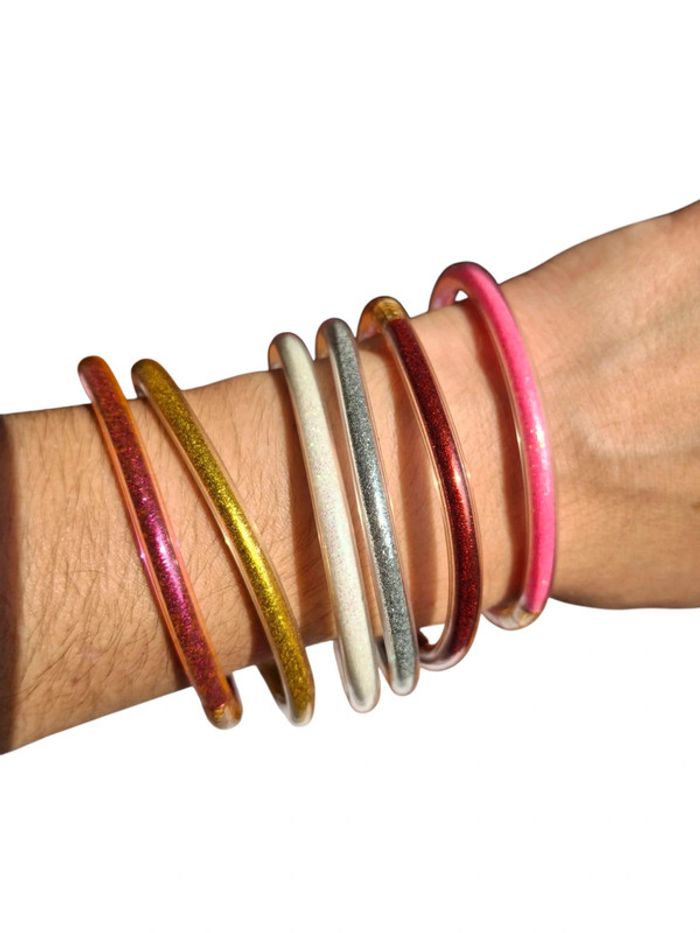 Bracelet jonc bouddhiste tibetain plastique brillant pailleté argentée - photo numéro 5