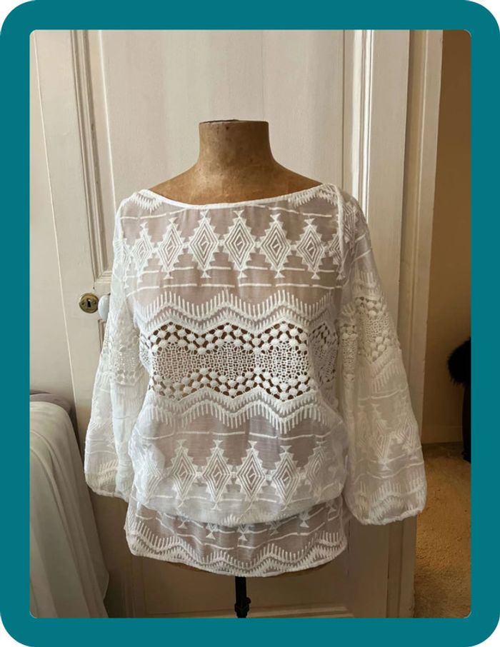 Blouse soie brodée coton manches 3/4 taille 38 - Anne Fontaine - photo numéro 4