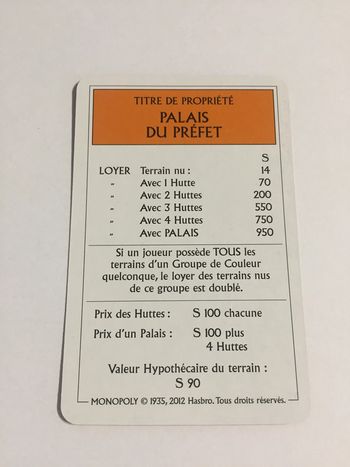 Carte Palais du préfet pièce détachée jeu de société Monopoly le tour de Gaule d'Astérix Hasbro #A53