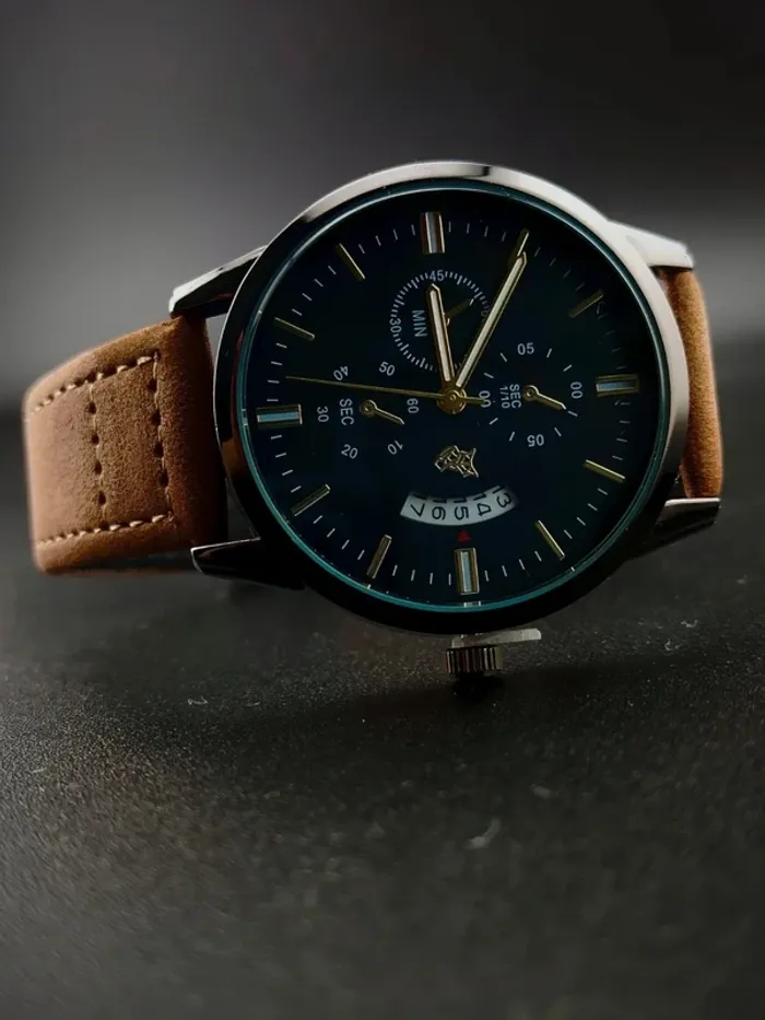 Montre marron, noir, date vintage, dorée - photo numéro 2