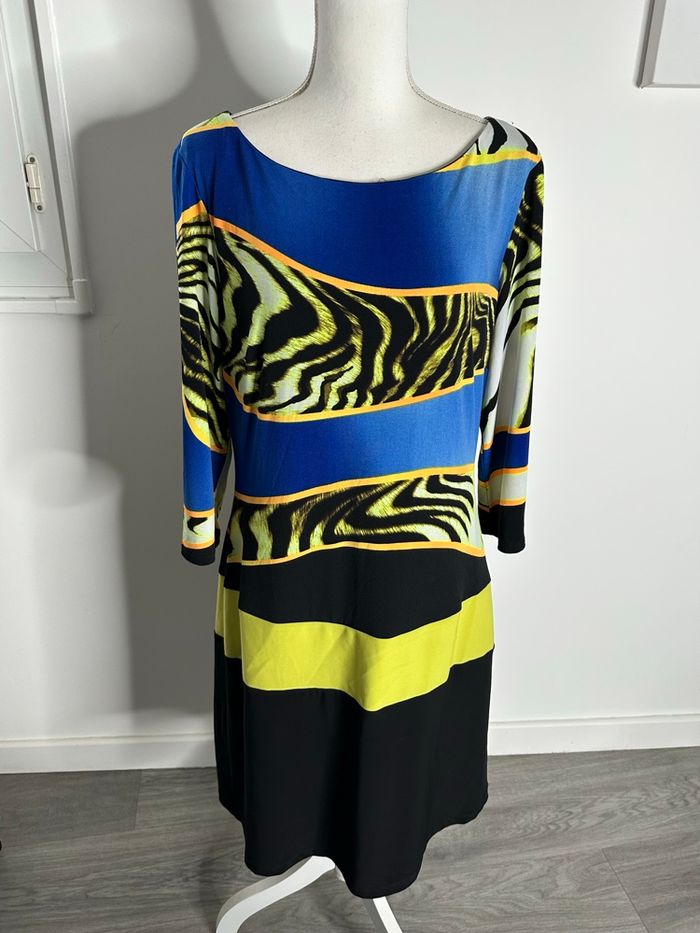 Robe zébrée bariolée jaune et bleue Frank Lyman t46 3XL - photo numéro 4
