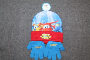 ensemble super wings bonnet et gants bleu et rouge