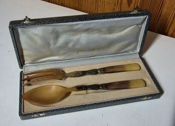 service salade vintage corne métal 25cm coffret ancien art de la table