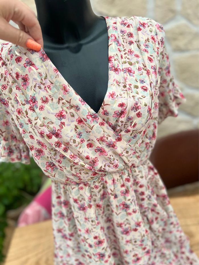 Robe d'été fleurs beige rose rose beige Emma Ella volanté - photo numéro 9