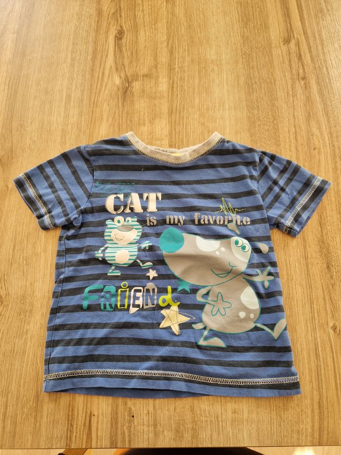 T-shirt enfant 3 ans bleu rayé - Chat et Chien "Cat is my favorite friend"