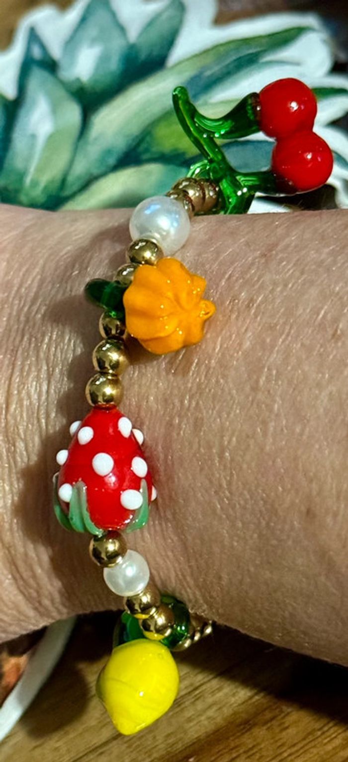 Bracelet perles boules acier inoxydable or réglable fruits en verres habaha Paris - photo numéro 3