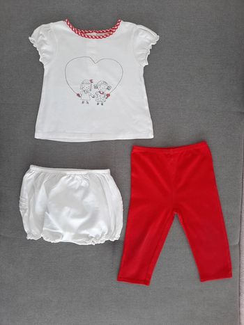 Ensemble 3 pièces 12 mois Du Pareil au Même rouge blanc : T-shirt, legging, short bouffant