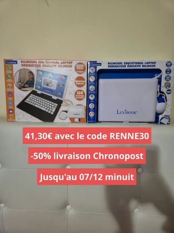 Lot de 2 ordinateurs Lexibook 
Bilingues 124 activités chacun 
Le bleu : 3 ans + et le orange : 4 ans +
