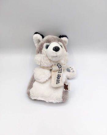 Doudou marionnette chien husky blanc gris Col des Aravis Cartepostalerie