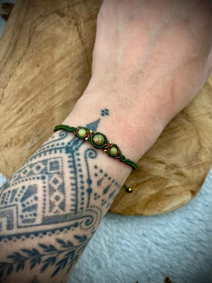 Bracelet macramé et acier inoxydable pierre Unakite et Jaspe - photo numéro 4