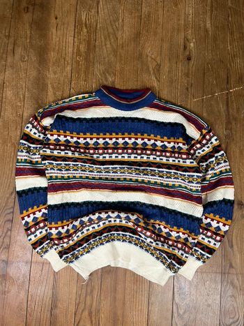 Pull vintage maille motifs rayures multicolore L Made in UK England