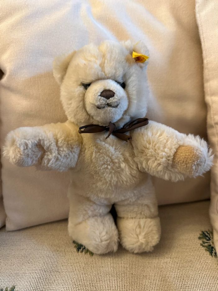 Ours ancien vintage Steiff peluche doudou debout 23cm crème miel noeud marron traditionnel - photo numéro 2