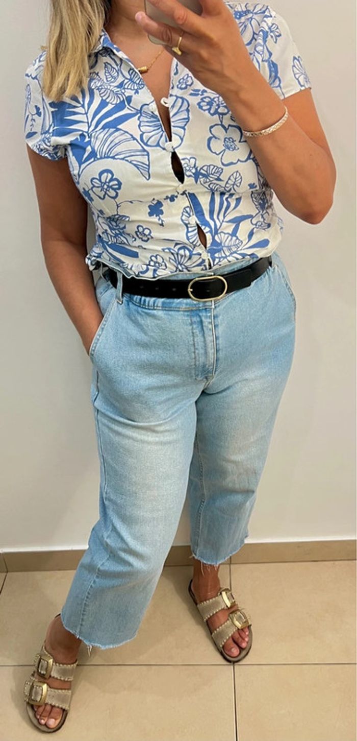 💙Chemise manches courtes, imprimé floral bleu style Hawaï Taille S - photo numéro 2