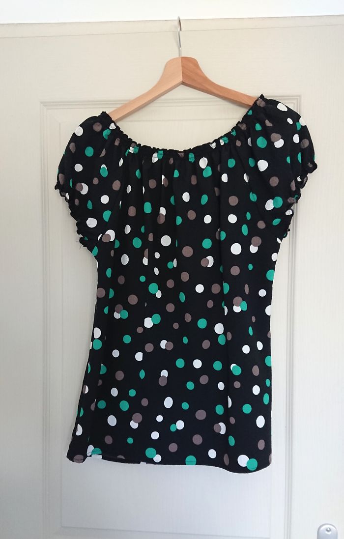 Haut, top femme noir à pois vert, marron, blanc, taille M - photo numéro 2