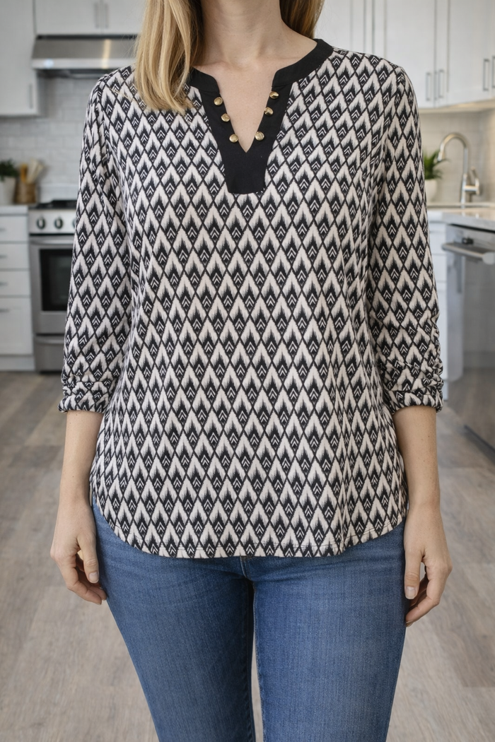 T-shirt pour femme haut manche longue Top noir et blanc col V Taille M (F616)