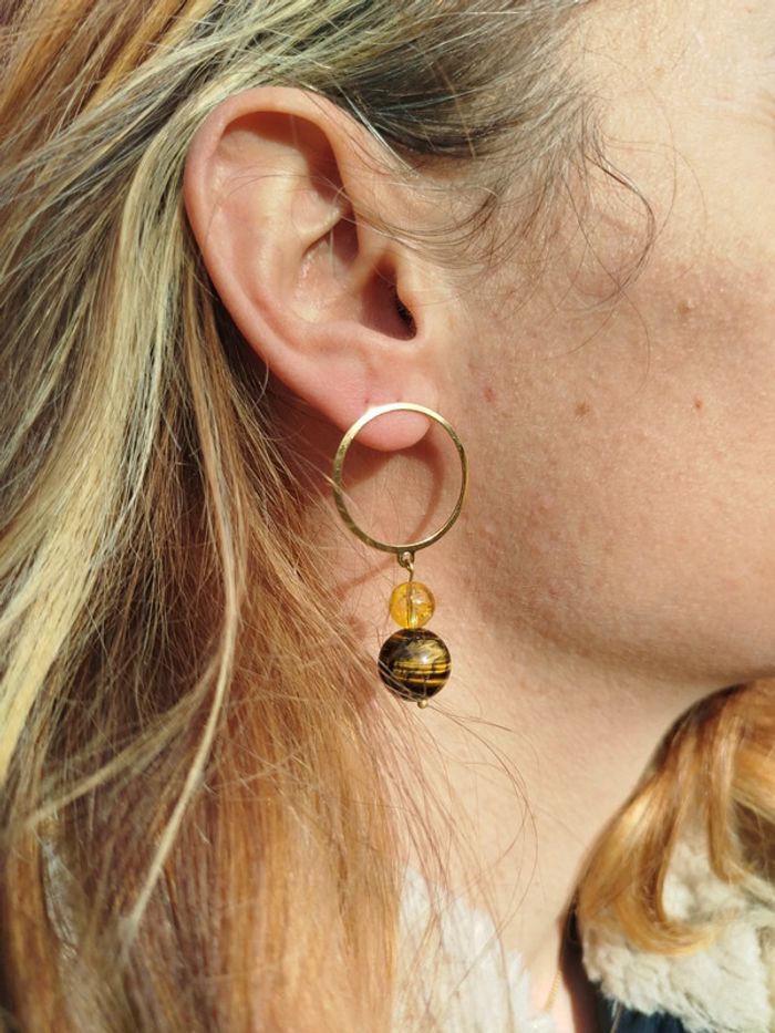 Boucles d'oreilles en Œil de Tigre et de Citrine - photo numéro 4