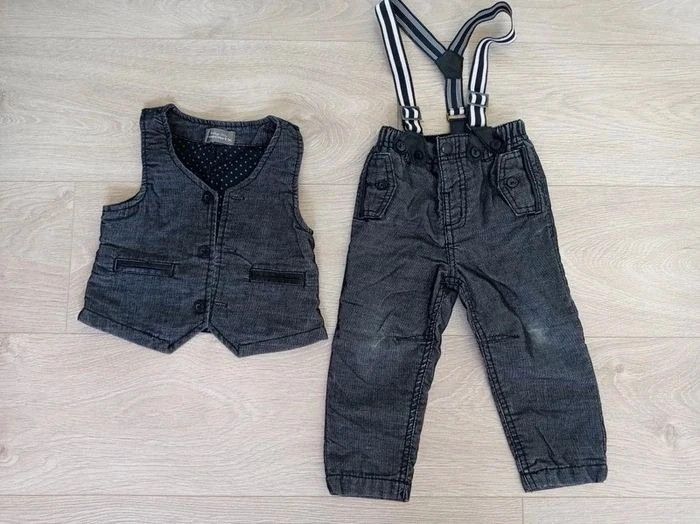 Ensemble gilet serveur et pantalon bretelles velours noir Orchestra 18 mois