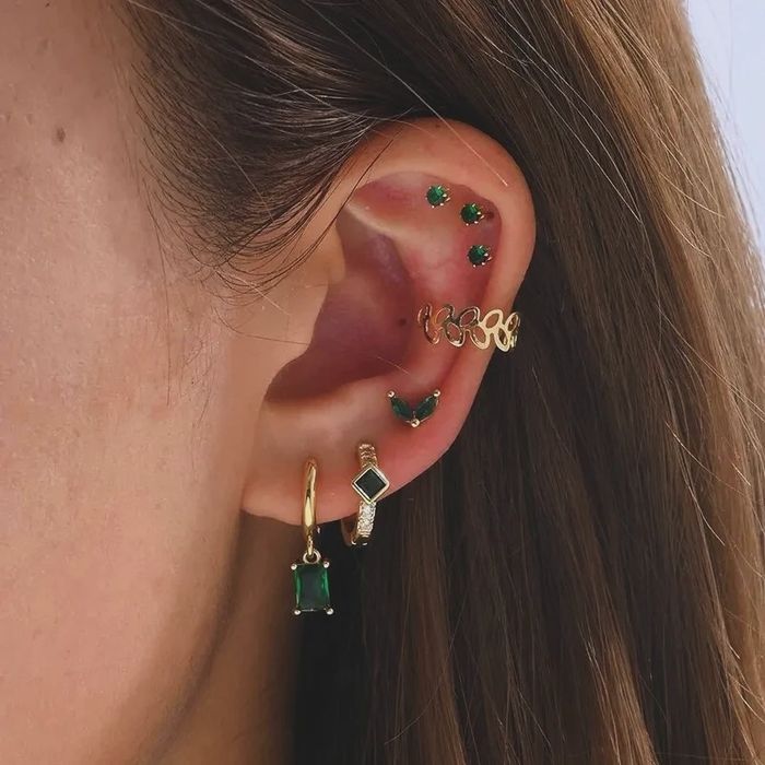 Ensemble boucles d'oreilles acier inoxydable dorée pierre verte
