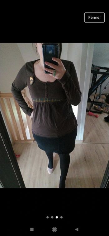 T-shirt manches longues marron dessins vert et jaune hibou bonobo taille L