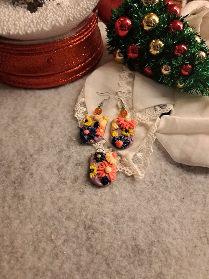 Parrurre boucles d'oreilles et pendentif pâte polymere multicolore florale - photo numéro 10