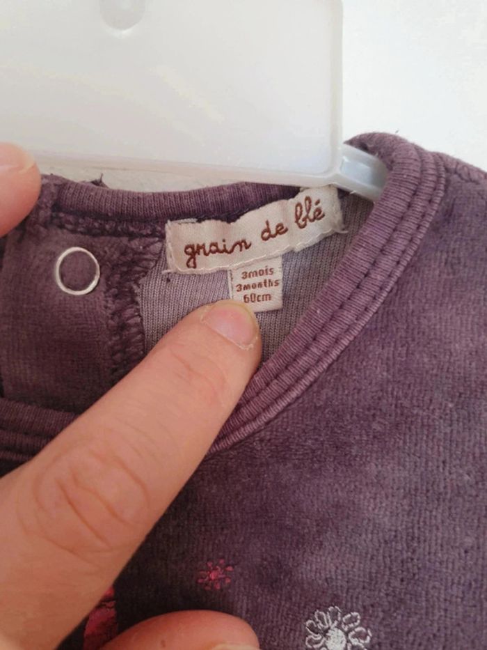 Pyjama grenouillère violet velours doux bébé fille grain de blé 3 mois - photo numéro 3