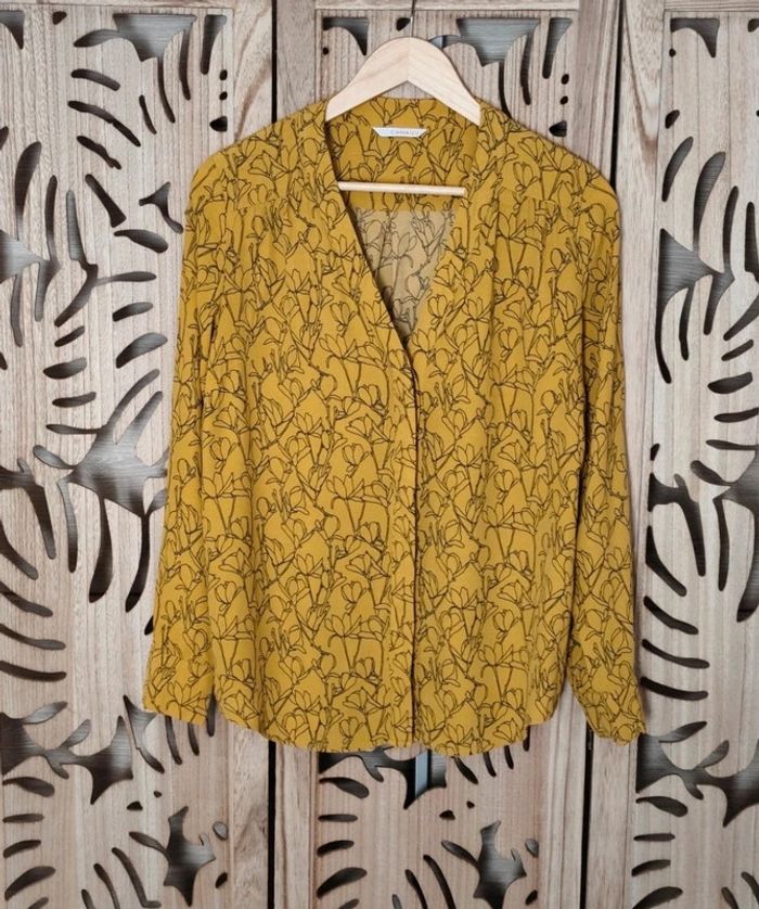 Chemisier fluide jaune moutarde - Motif floral noir - Taille 40/42 Camaïeu - photo numéro 7
