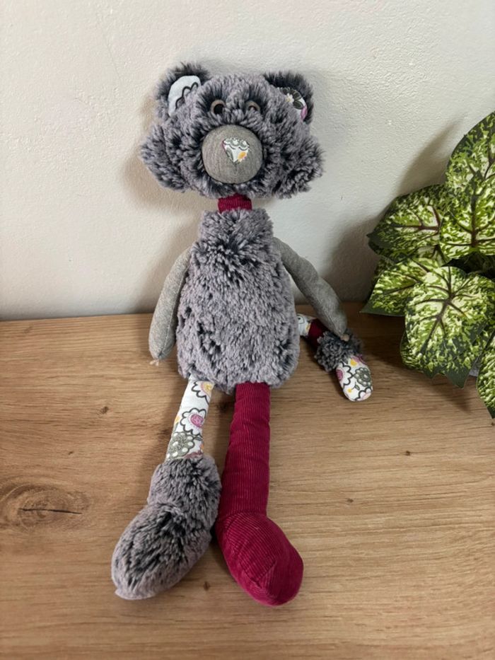 Doudou peluche chat gris bordeau fleuri trudi