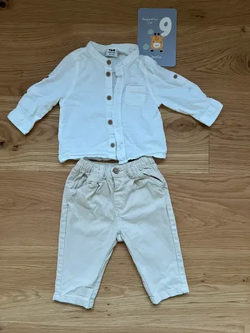 Ensemble chemise style lin col tunisien et pantalon beige