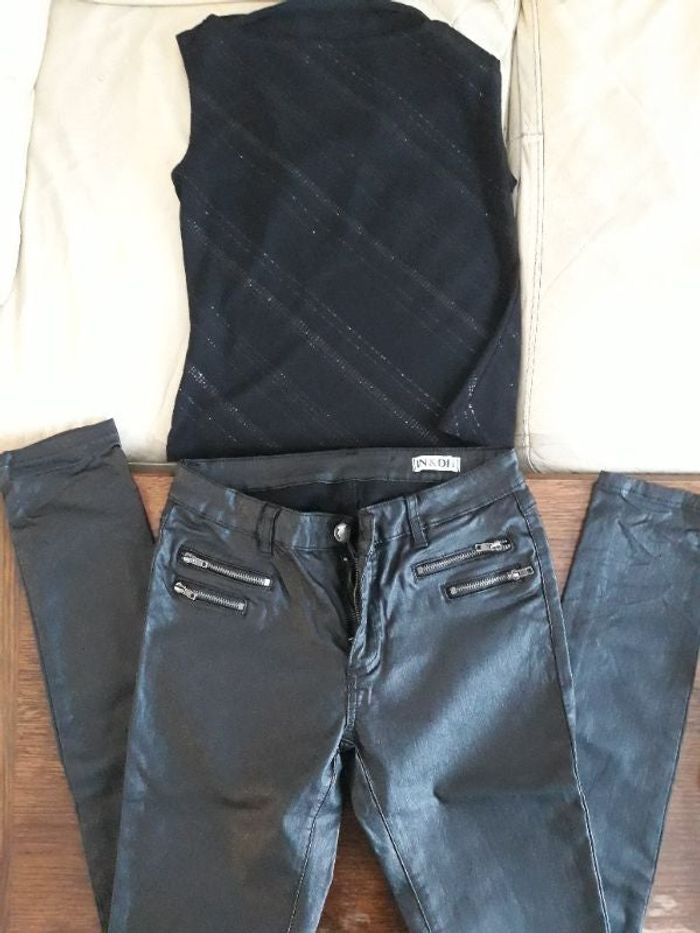 Pantalon noir satiné In&dit et 2 hauts T.36