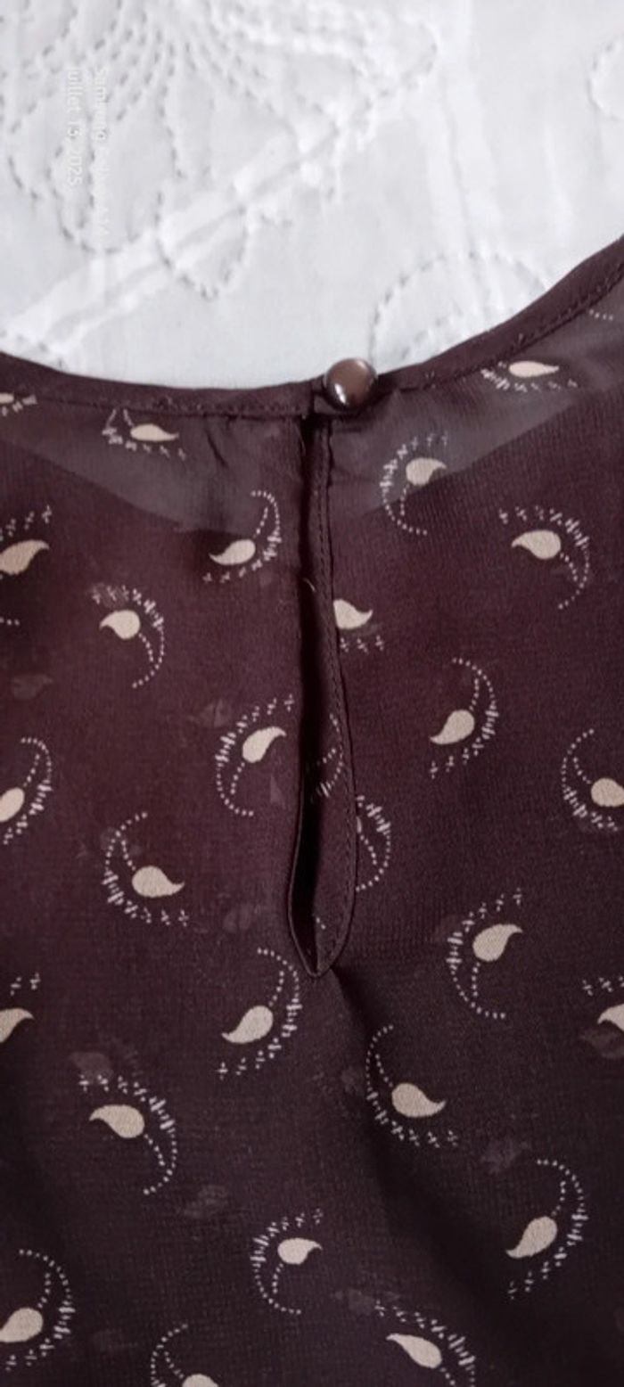 Blouse en voile manches volantées col cravate motif plumes marron femme L - photo numéro 17