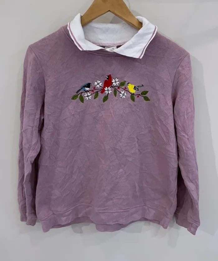 Vintage Adrian Delafield Collared Birds Flowers Sweatshirt (1990s)