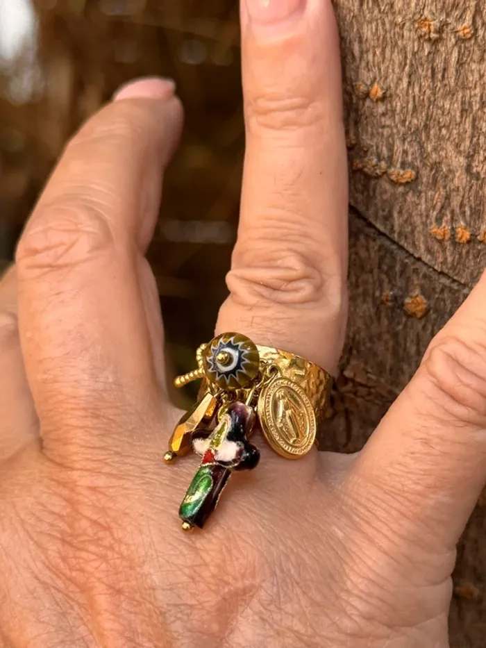 Bague habaha Paris large réglable médaille vierge croix porcelaine œuf perle pierre - photo numéro 4