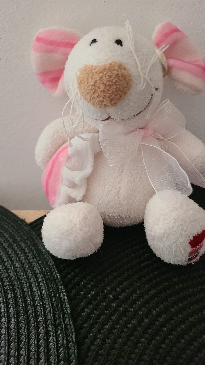 Doudou souris blanche cousin rose rayé 19 cm env.