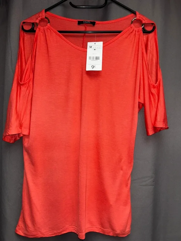 Tee-shirt femme corail rose saumon, teeshirt femme 38, tee-shirts neuf, tee-shirt épaules dénudées - photo numéro 4