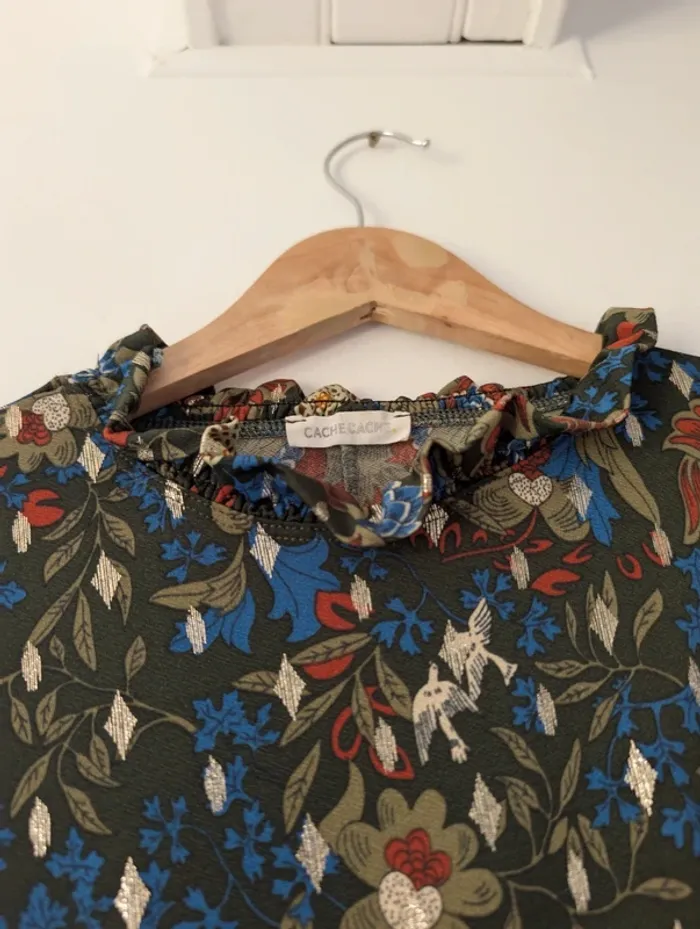 Blouse à manches longues col montant automne casual chic bleu kaki doré cache-cache taille 38 - photo numéro 7