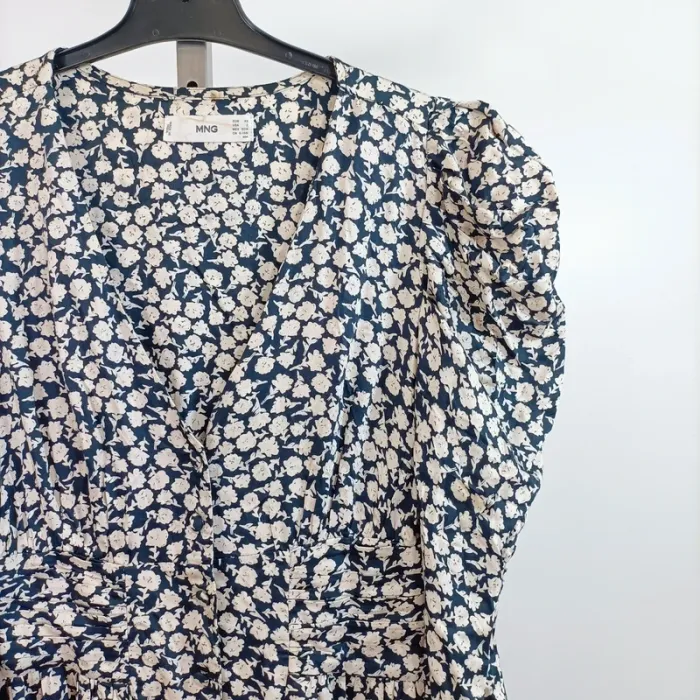 Robe longue bleue écru fleurie Mango Taille XS Manches longues A818 - photo numéro 4